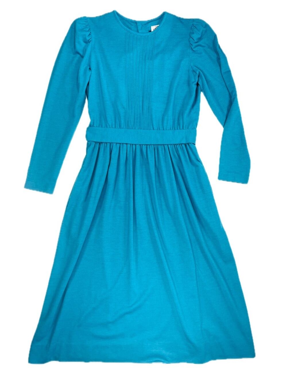 Vintage Teal Long Sleeve Dress Small Pintuck Belted Puff Shoulder Lanz Originals